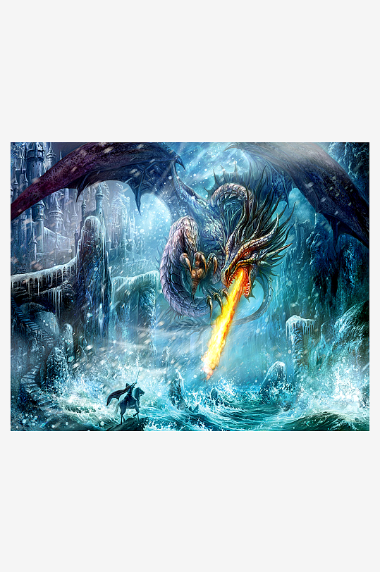 冰封城堡巨龙喷火奇幻场景-众图网