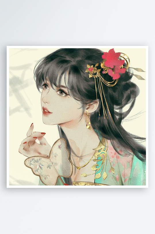 古风仕女手持蝴蝶扇-众图网