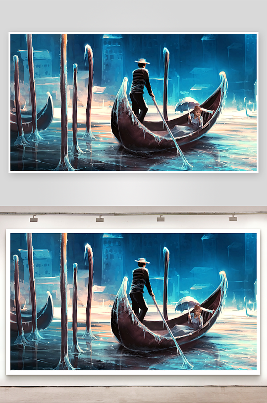 冰封水城中的小船与人物-众图网