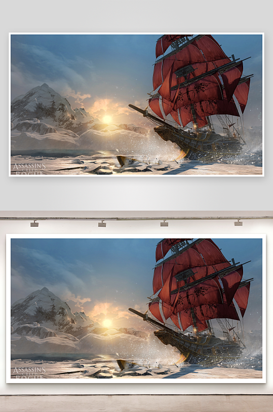 冰海破浪的红色帆船-众图网