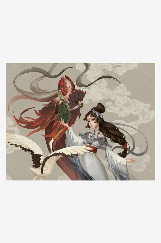 古风仙鹤人物画卷-众图网