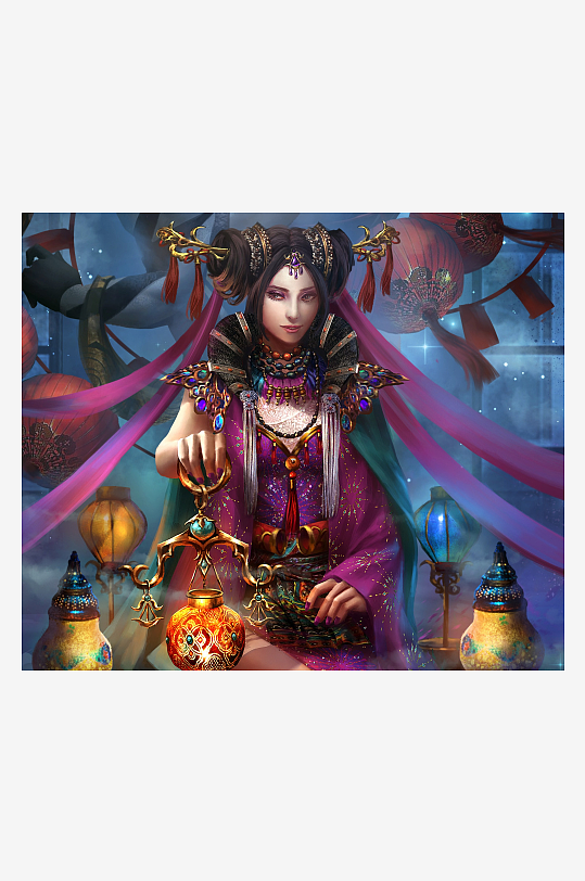 古风华丽女子手持灯笼-众图网