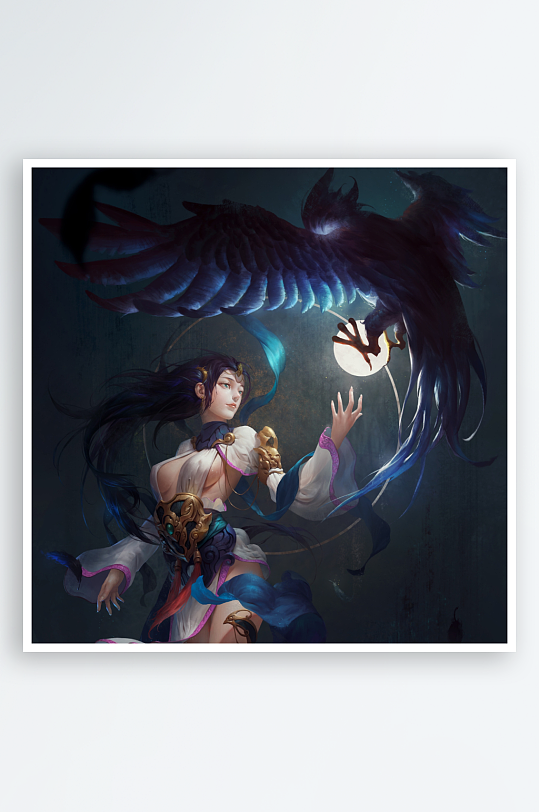 古风女子与夜空飞鸟对视-众图网