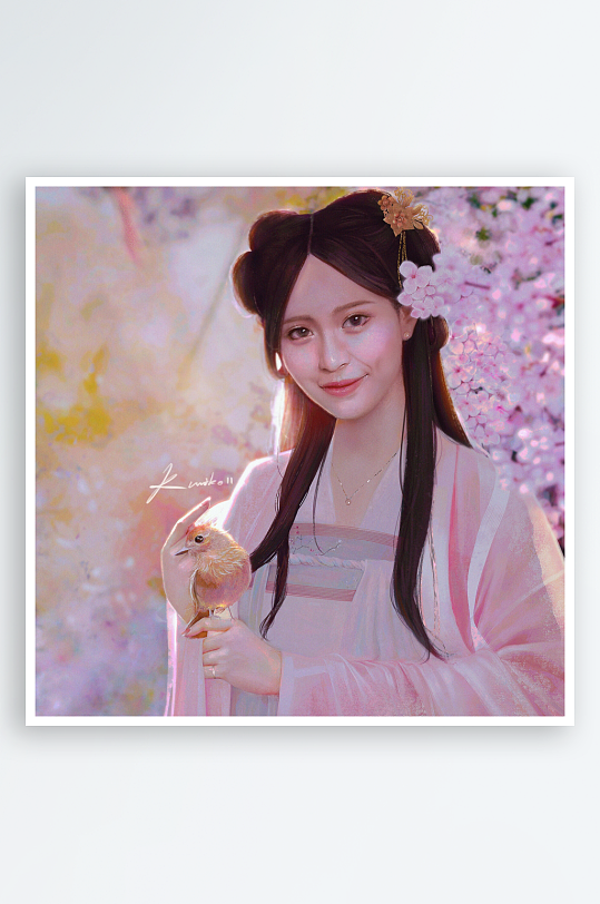 古风女子与小鸟樱花背景-众图网