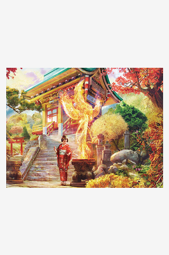 古风女子与火焰凤凰的庭院景象-众图网
