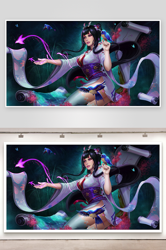 古风女子与灵鸟共舞奇幻场景-众图网