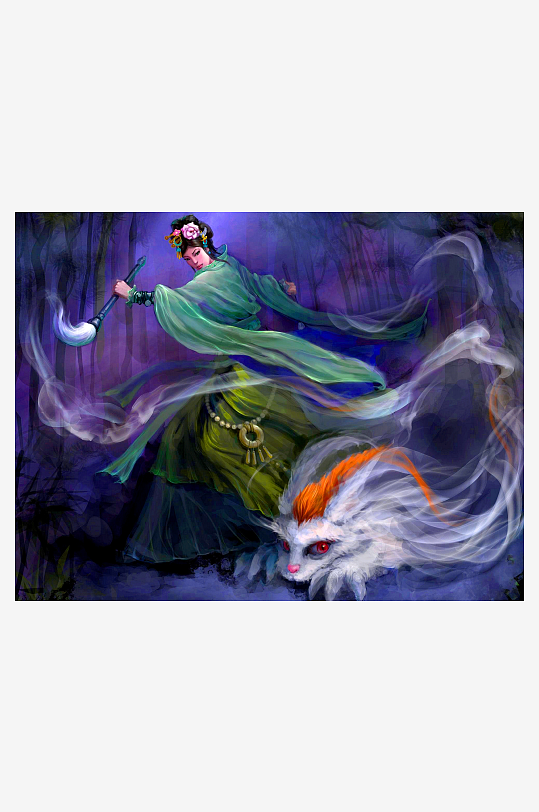 古风女子与神兽相伴的奇幻场景-众图网