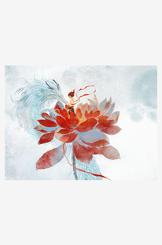 古风女子与莲花凤凰画卷-众图网