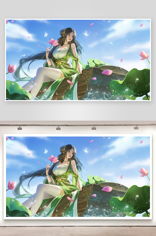 古风女子乘荷叶游于碧波之上-众图网