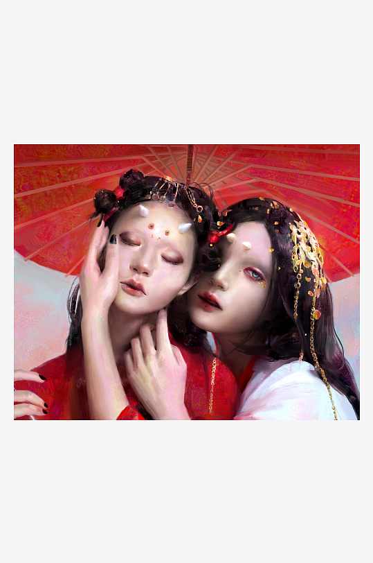 古风女子共撑红伞亲密相伴-众图网