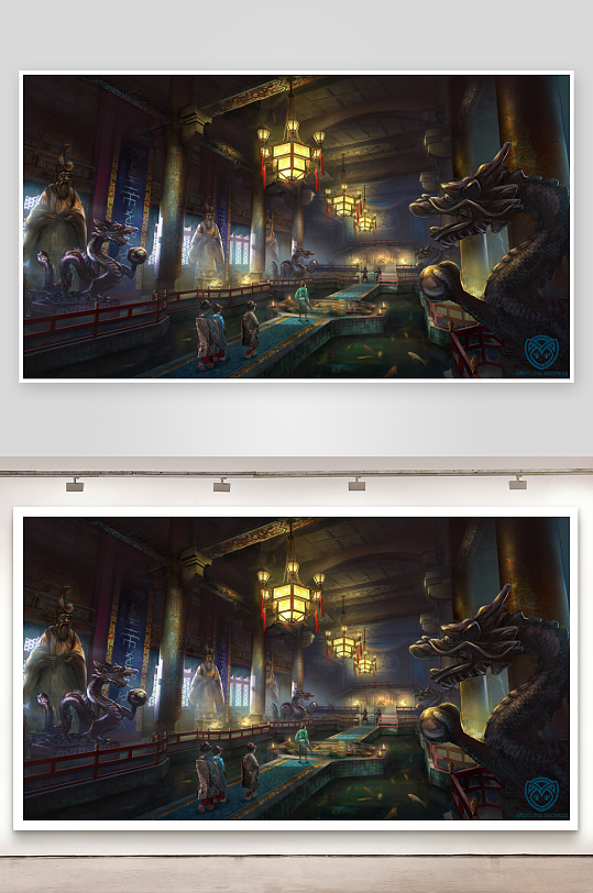 古风宫殿龙雕水池夜景-众图网