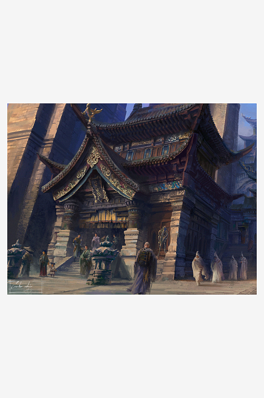 古风寺庙僧侣行进场景-众图网