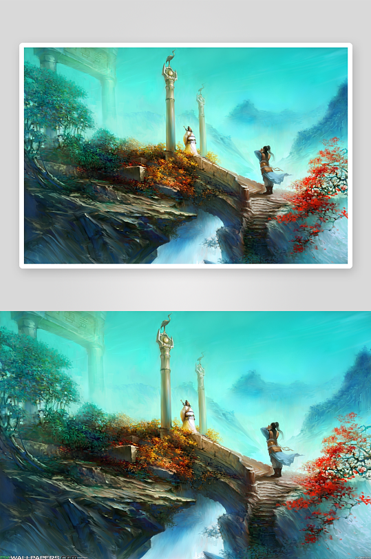 古风山水画中人物登桥-众图网