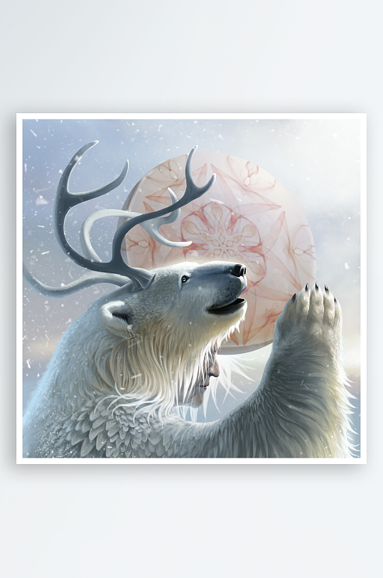 北极熊与鹿角的奇幻雪景-众图网
