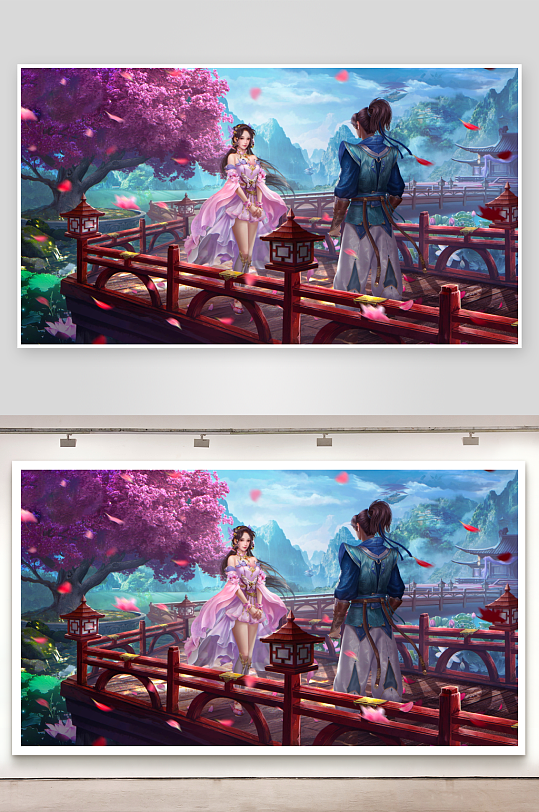 古风桥上男女对视-众图网