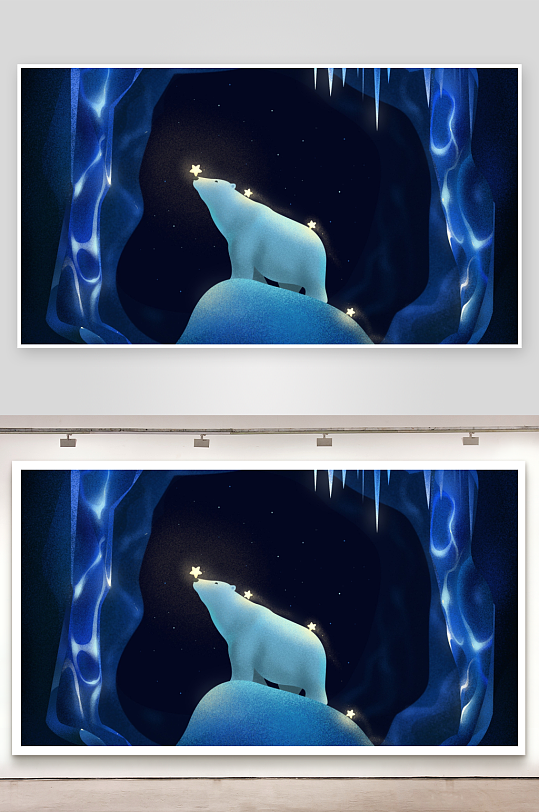 北极熊仰望星空的梦幻冰洞-众图网