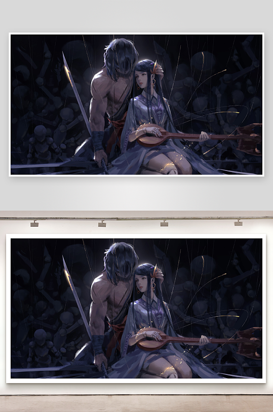 古风武士与乐姬对坐场景-众图网