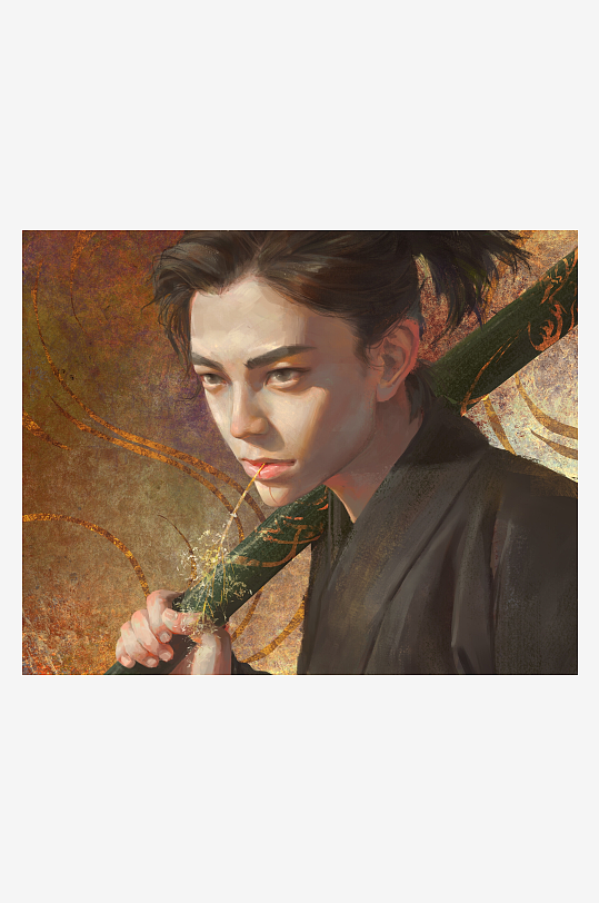 古风武士持杖画像-众图网