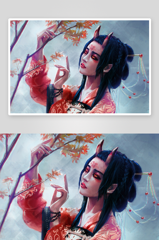 古风狐耳女子轻触枫叶-众图网