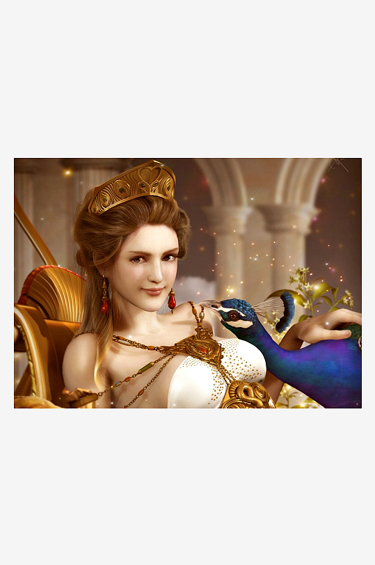 华丽古装女子与孔雀相伴-众图网