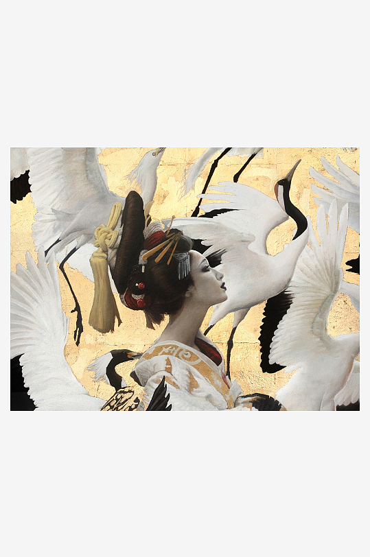 和服女子与仙鹤艺术画-众图网