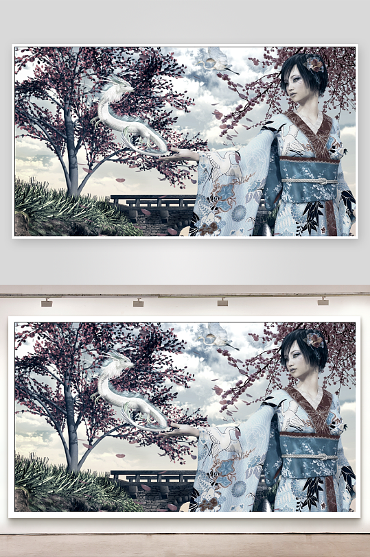 和服女子与白龙樱花树下-众图网