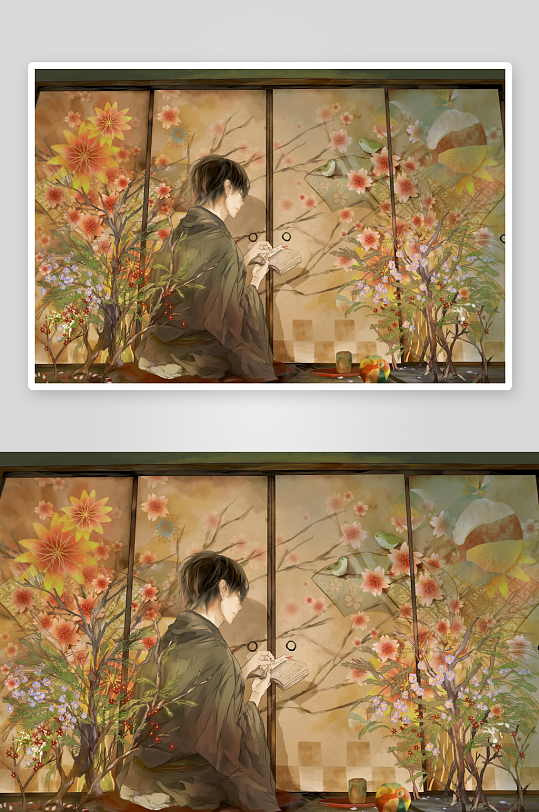 和服女子庭院书写静谧画面-众图网