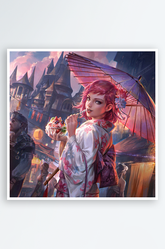 和服女子手持团扇与食物-众图网