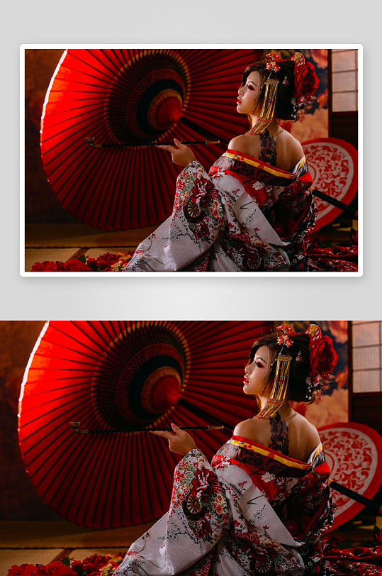 和服女子手持红伞优雅姿态-众图网