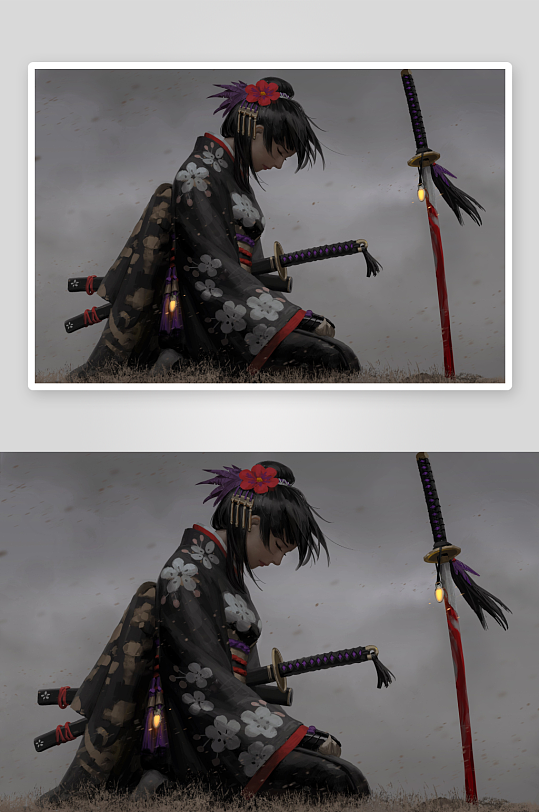 和服女子持剑跪地沉思-众图网