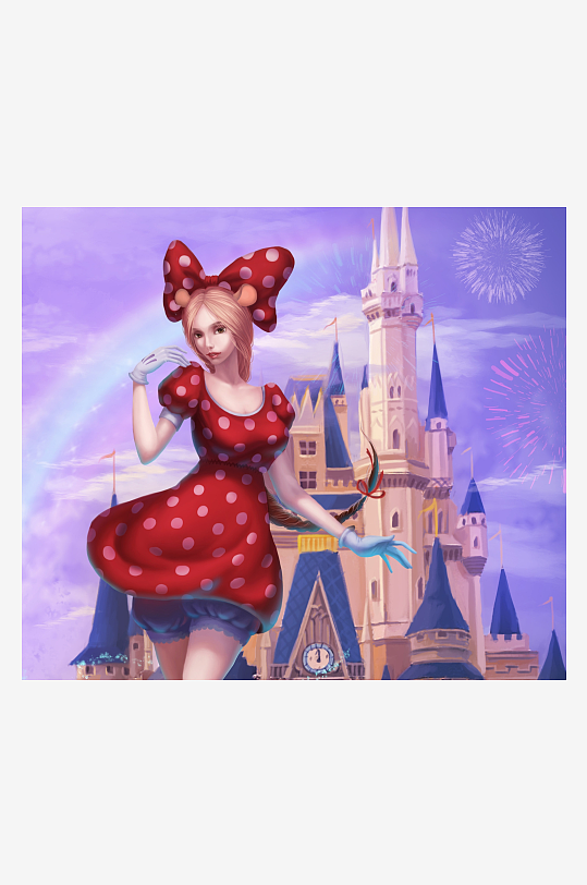 卡通女孩与梦幻城堡烟花-众图网