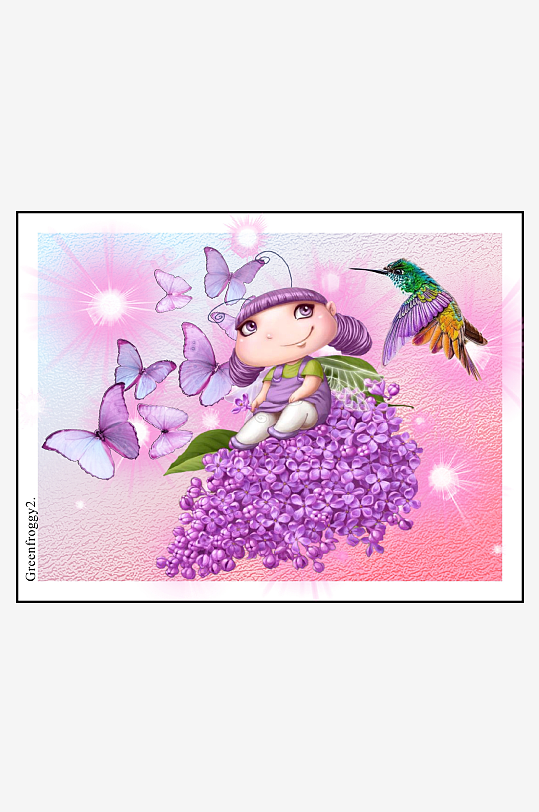 卡通女孩与蝴蝶花丛的梦幻场景-众图网