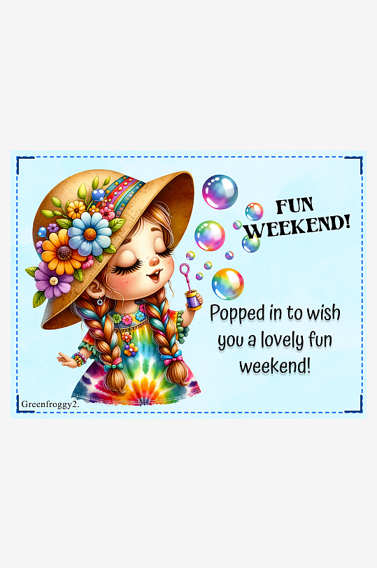 卡通女孩吹泡泡祝周末快乐-众图网