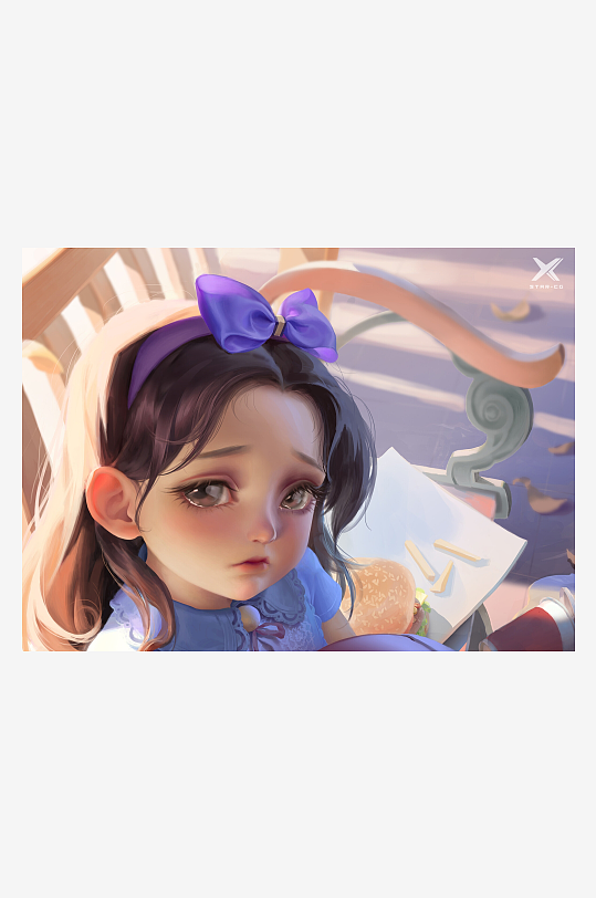 卡通女孩忧伤吃汉堡-众图网