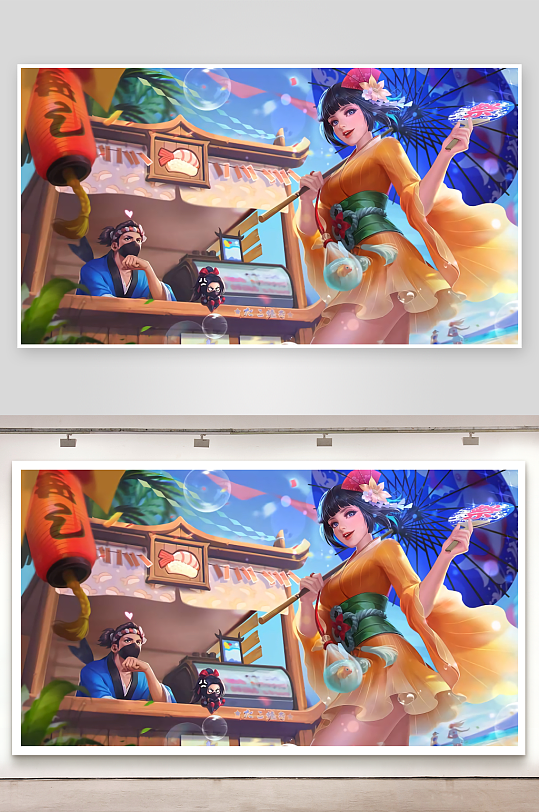 和风女子撑伞街景插画-众图网