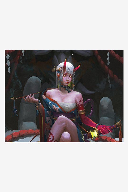 和风幻想人物手持长杖端坐-众图网