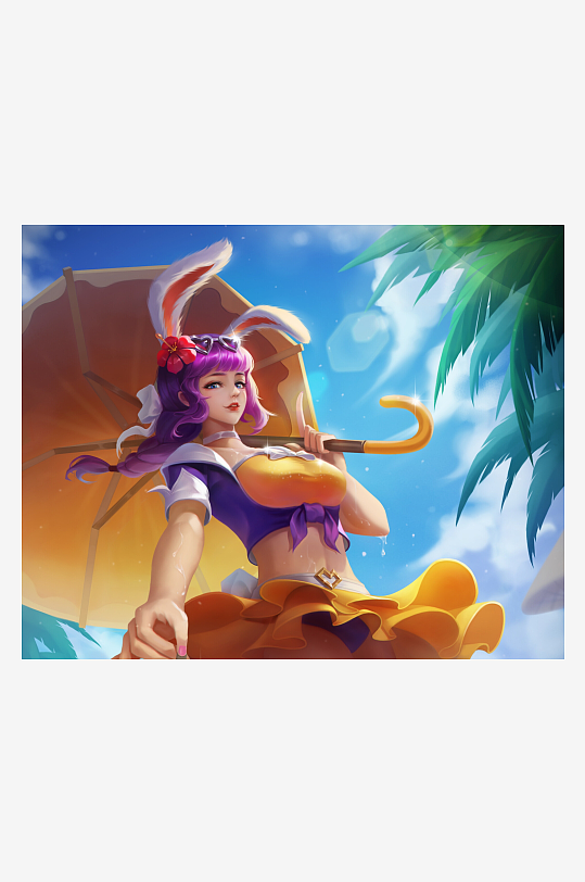 卡通女孩手持阳伞海边度假-众图网