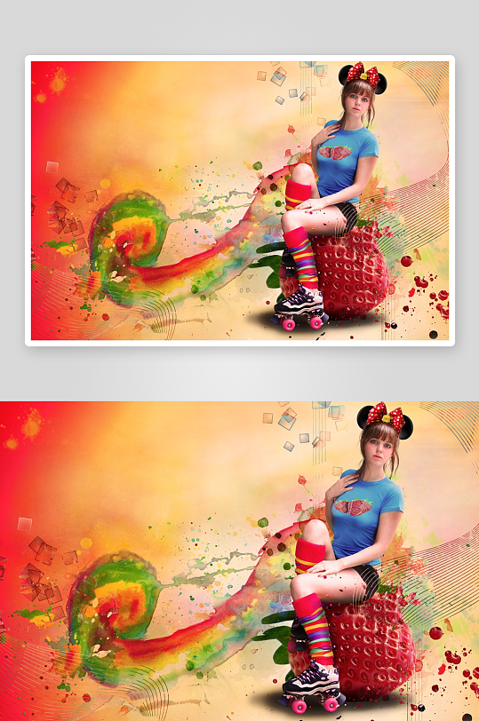 卡通女孩草莓上滑轮-众图网