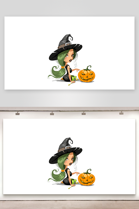 卡通女巫与南瓜灯的万圣节插画-众图网