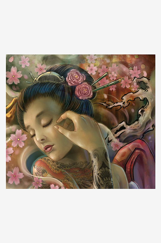 和风美人樱花环绕艺术画-众图网