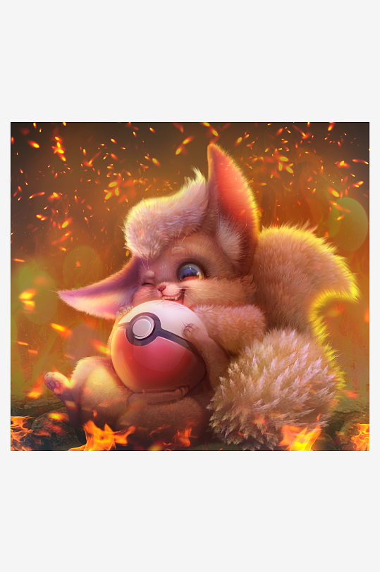 卡通小动物怀抱精灵球火焰环绕-众图网