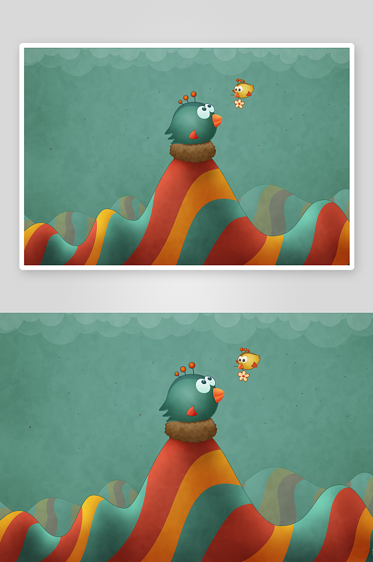 卡通小鸟山顶花间嬉戏-众图网