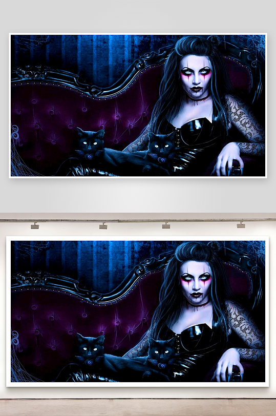 哥特风格女子与黑猫对视-众图网