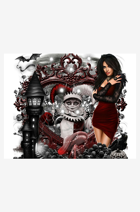 哥特风格美人与小丑艺术插画-众图网