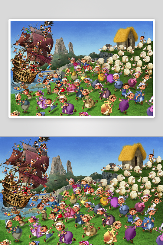 卡通海盗船与羊群赶路场景-众图网