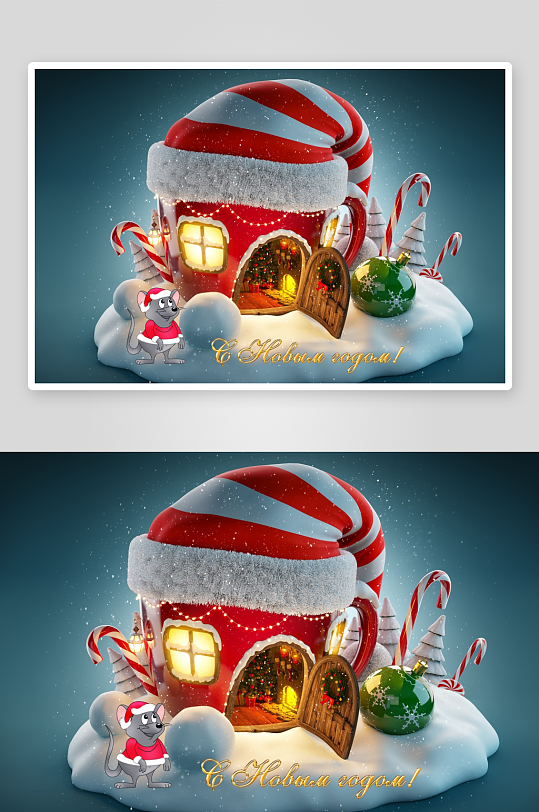 圣诞主题创意房屋与小鼠-众图网