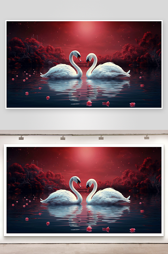 双天鹅水中相依浪漫红景-众图网