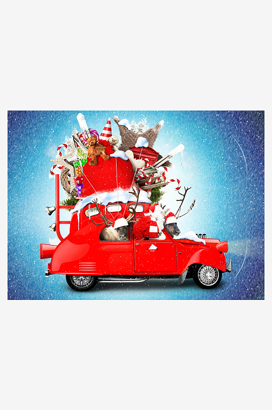 圣诞主题红色汽车创意插画-众图网