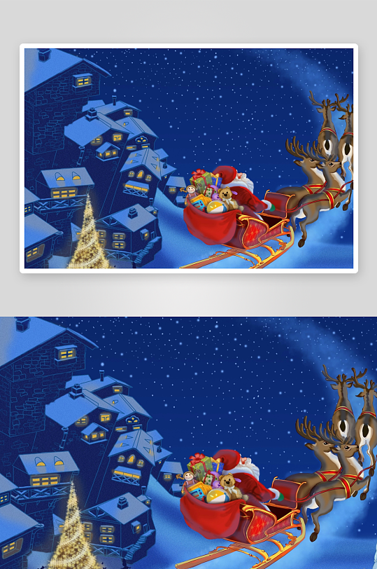 圣诞老人雪橇飞越小镇夜景-众图网