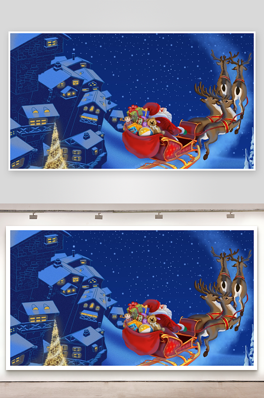 圣诞老人雪橇飞越雪夜小镇-众图网